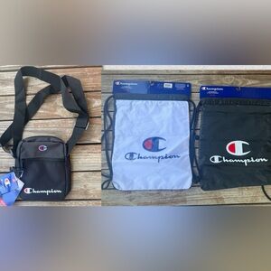 3 Champion bags bundle 2 White and Black Drawstring Bags and black crossbody nwt